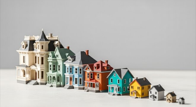 Row of diverse model houses in diminishing size, symbolizing real estate market contraction and economic downturn.