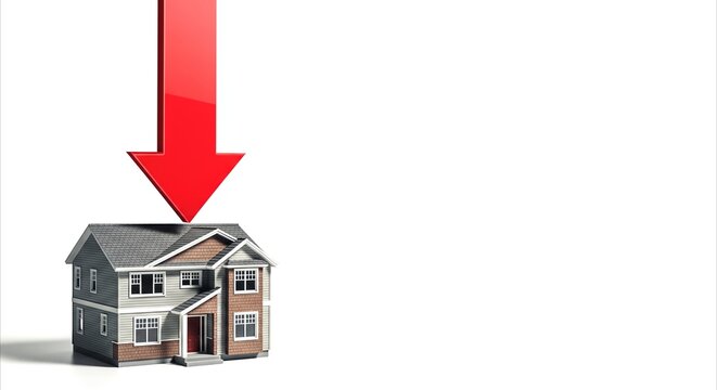 Red arrow pointing down at a model house, symbolizing housing market decline or economic crisis.