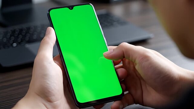 Person holding a smartphone with a green screen for chroma keying.