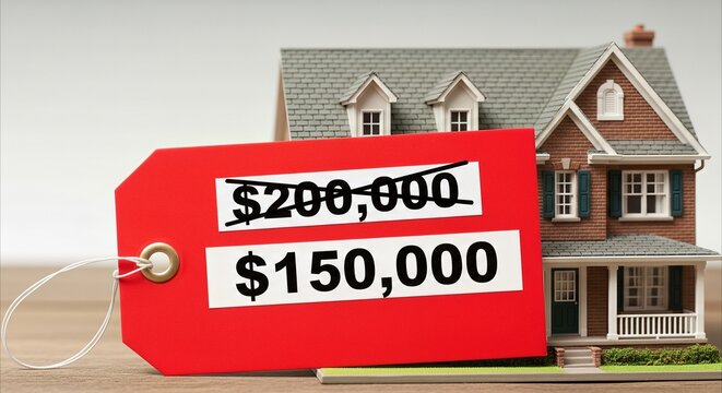 Red price tag showing $150,000 after price reduction on house model, real estate investment opportunity