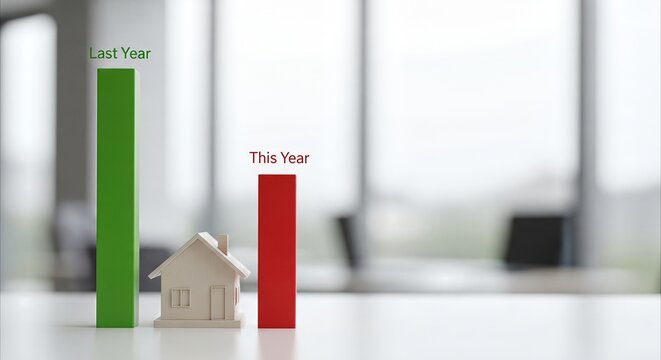 Minimalist house model with bar charts shows financial comparison between last year and this year in office
