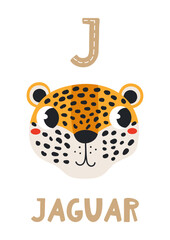 Fototapeta premium Cute jaguar face, letter J, text, illustration isolated. ABC card, cartoon animal character. Kids English alphabet, preschool, school learning. Hand drawn flat vector clip art, design element