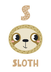 Fototapeta premium Cute sloth face, letter S, text, illustration isolated. ABC card, cartoon animal character. Kids English alphabet, preschool, school learning. Hand drawn flat vector clip art, design element