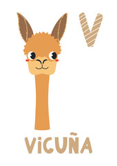 Fototapeta premium Cute vicuna face, letter V, text, illustration isolated. ABC card, cartoon animal character. Kids English alphabet, preschool, school learning. Hand drawn flat vector clip art, design element