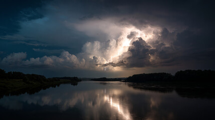 Obraz premium Thunderstorm above a river, dramatic clouds reflecting in water