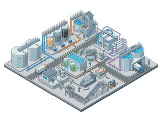Obraz premium Industrial Water Treatment Plant with Storage Tanks Pipelines and Processing Equipment