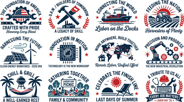 Labor Day 2026 Vintage Badge Collection with Workers Pride Union Harvest Dock Tech Clean Energy Picnic and Every Job Matters Designs.eps