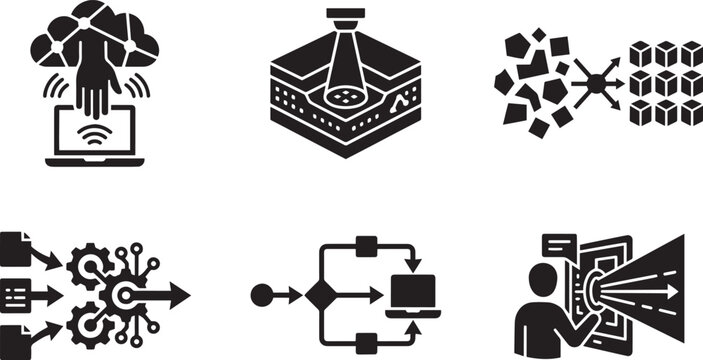 Data sorting classification algorithms cloud computing infrastructure and digital business system automation solid glyph icons set with information pipeline restructuring computer network server parsi