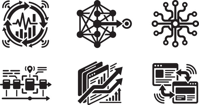 Data classification structure file catalog management system and algorithmic business strategy decision logic black thin line icons set with server cloud processing directory hierarchy profile databas