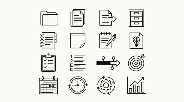 Set of line art icons for document and file management in bright studio.
