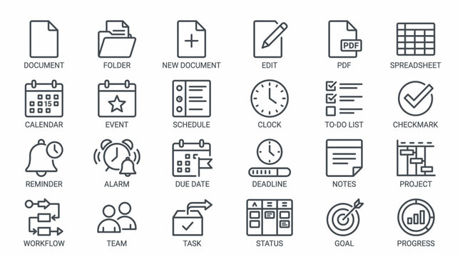 Set of business and productivity icons for project management, including document, calendar, deadline, and task, in a bright studio.