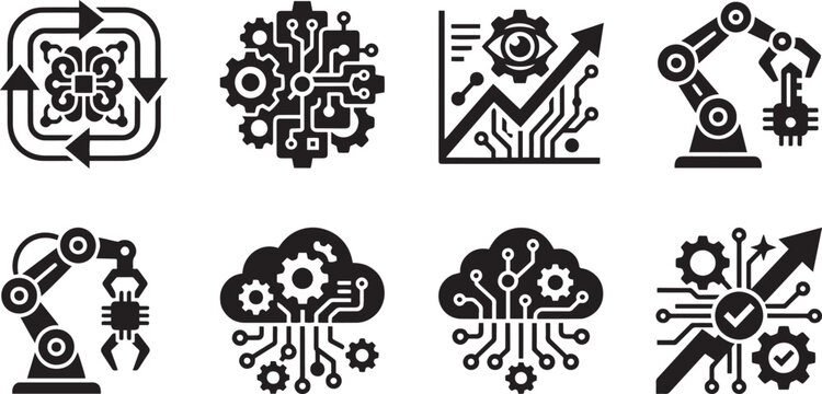 Artificial intelligence automation database microchip industry integration and smart computing workflow engineering black solid glyph icons set with robotic arm electronic circuit data processing clou
