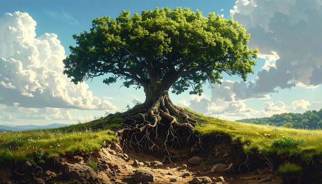 A majestic tree flourishes atop a verdant hill, its roots exposed. A sunny sky dotted with fluffy clouds completes the serene scene