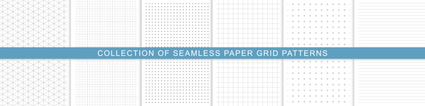 Minimal Seamless Paper Grid Patterns Collection, Notebook Graph Grids of Dots, Squared, Lined Stroke, Crosses and Triangle, Modern Clean Stationery Writing Guide for Design, Education and Architecture