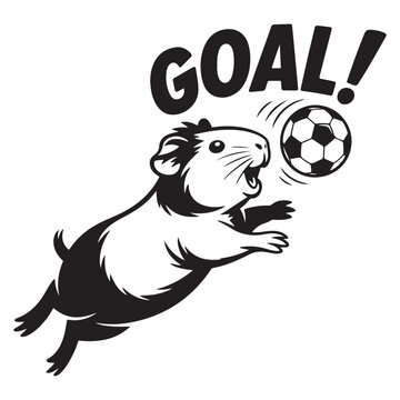 Funny guinea pig soccer player vector, cute cavy heading a football with Goal text, black and white sports pet illustration