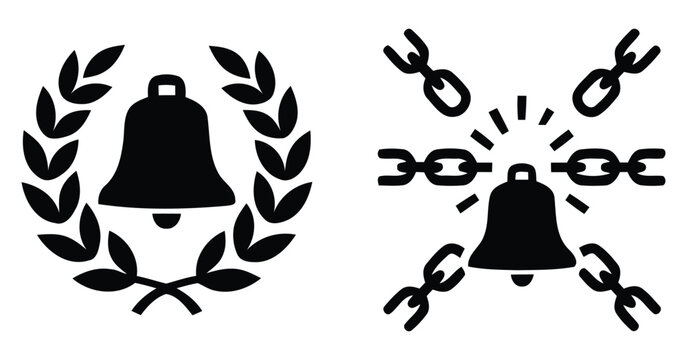 black silhouette of a bell with laurel wreath and breaking chains isolated vector illustration