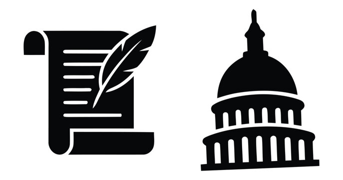 scroll with quill and capitol building silhouette against a white background