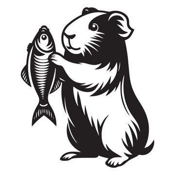 Vintage woodcut guinea pig holding a fish vector illustration, retro linocut rodent mascot icon, black and white cavy pet graphic for logos