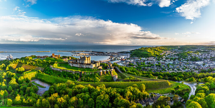 Dover Castle from a drone, White Cliffs, Dover, Kent, England