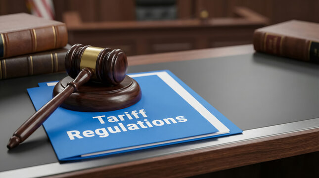 Legal gavel on tariff regulations document in courtroom setting