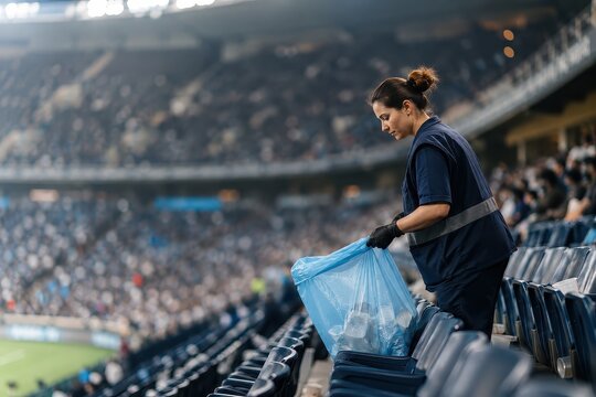 Woman janitor wearing uniform cleaning trash in plastic bag from seat at soccer stadium. Worker performing maintenance duty after sports event. Professional cleaning service concept