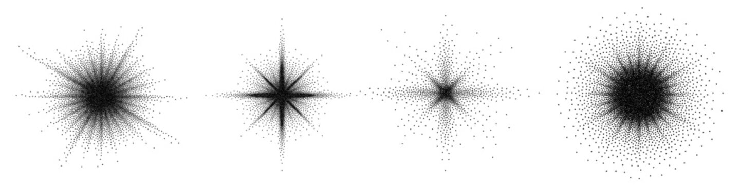 Black star burst, vector grunge sparkle with stipple grainy texture. Pointillism dots star gradient or dotwork pattern. Grain noise halftone