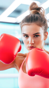 Fit woman shadowboxing in a modern fitness studio for health and wellness training