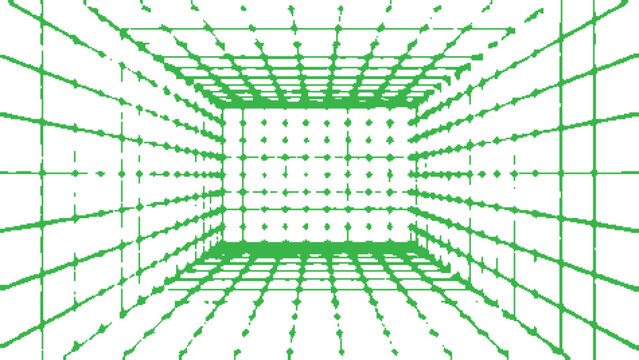 Green geometric perspective tunnel background with abstract digital grid, futuristic technology design and retro optical illusion vector pattern on white background 