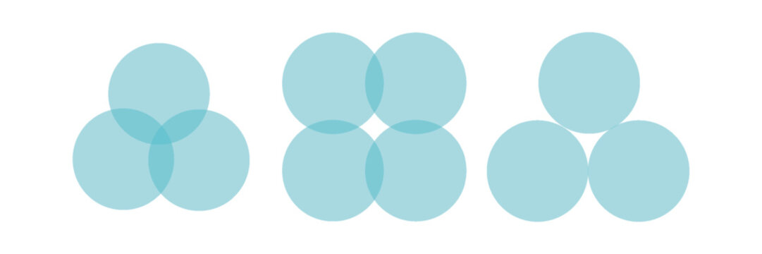 Three intersecting circles set. Circle Venn diagram with three parts. Infographic chart blue icon. 3 overlap balance elements diagram. Vector illustration isolated on white background.