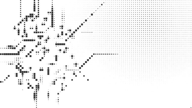 Abstract Radial Pixel Burst Background, Geometric Dot Matrix Explosion Pattern, Futuristic Minimal Monochrome Digital Design on White Background