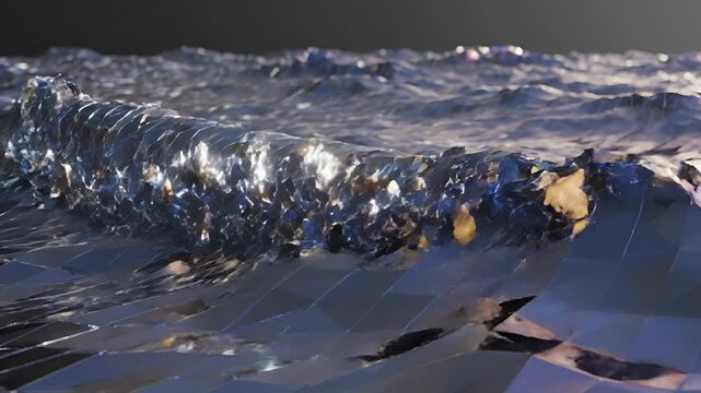 Abstract Geometric Ocean Waves with Shimmering Light Reflections.