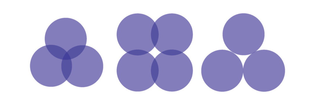 Three intersecting circles set. Circle Venn diagram with three parts. Infographic chart blue icon. 3 overlap balance elements diagram. Vector illustration isolated on white background.