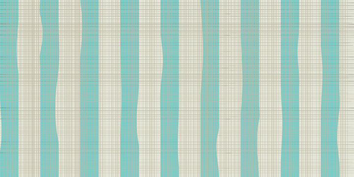 Abstract seamless vector pattern featuring a creative interpretation of a classic plaid tartan design. The illustration combines thick, wavy turquoise vertical stripes with a thin geometric grid in be