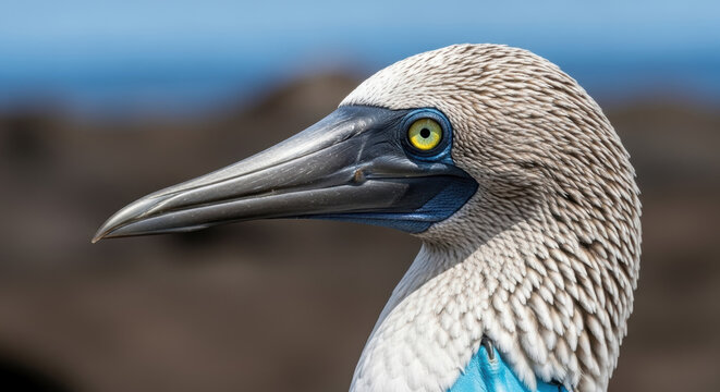 Blue-footed booby (Sula nebouxii), close up profile portrait with piercing yellow eye, long beak and textured brown and white plumage, Galapagos wildlife