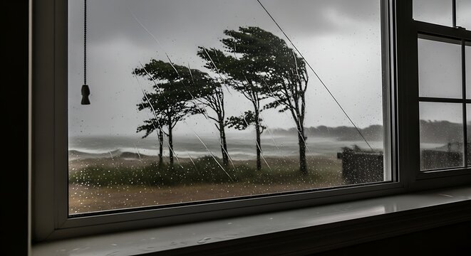 Windblown Coastal Trees Seen Through Rainy Window During Stormy Weather