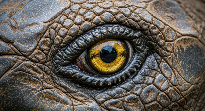 Galapagos giant tortoise (Chelonoidis niger), extreme macro of the golden eye and wrinkled scaly skin, ancient naturalistic details of rare reptile