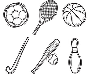 Sports Equipment Icons Set with Soccer Ball Basketball Tennis Racket Baseball Bat and Hockey Stick © Muhammad