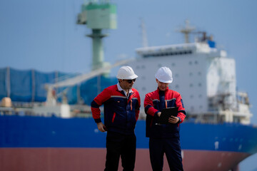Maritime engineering and cargo logistics concept. Industrial engineers reviewing operational...