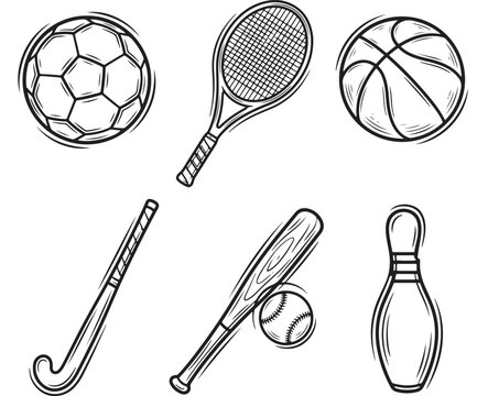 Sports Equipment Icons Set with Soccer Ball Basketball Tennis Racket Baseball Bat and Hockey Stick