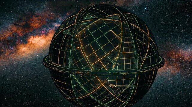A complex metallic megastructure cage resembling a fully enclosed Dyson sphere floating in outer space. This high-tech 3D rendered scifi asset features intricate geometric grid patterns with a distant