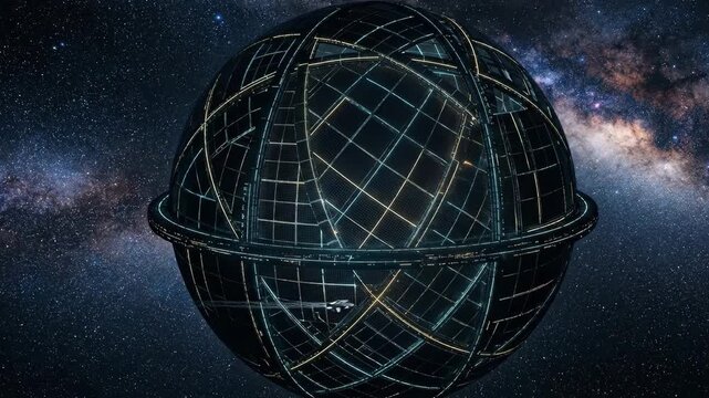 A complex metallic megastructure cage resembling a fully enclosed Dyson sphere floating in outer space. This high-tech 3D rendered scifi asset features intricate geometric grid patterns with a distant