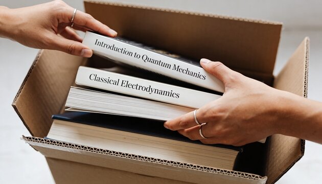 Hands packing physics textbooks into a cardboard box. Moving after graduation concept. Student relocating with quantum mechanics and electrodynamics books