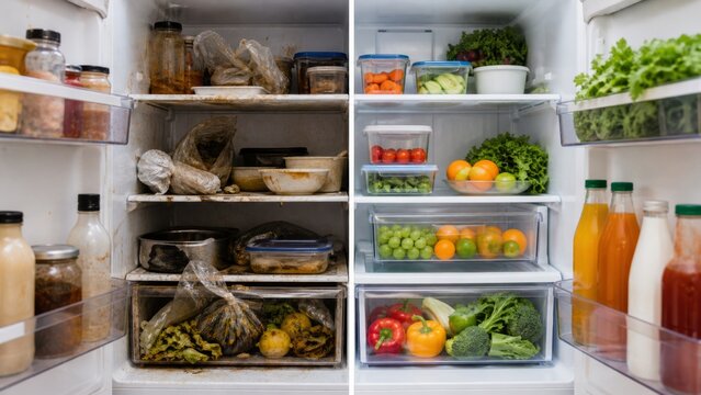 Messy and organized refrigerator interior with fresh produce