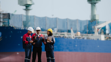 Happy team professional engineer, worker, technician use clipboard discuss work, walk in steel...