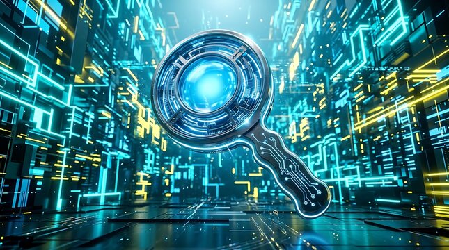 Futuristic magnifying glass searching digital data in cyber space