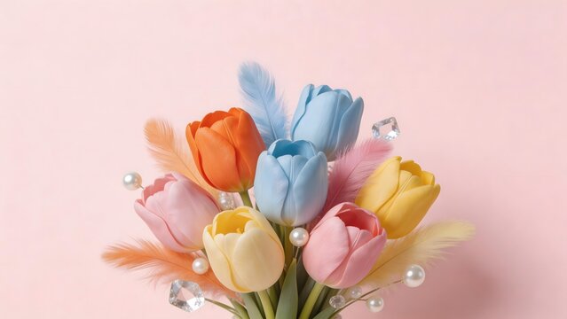 Colorful tulips with feathers and pearls
