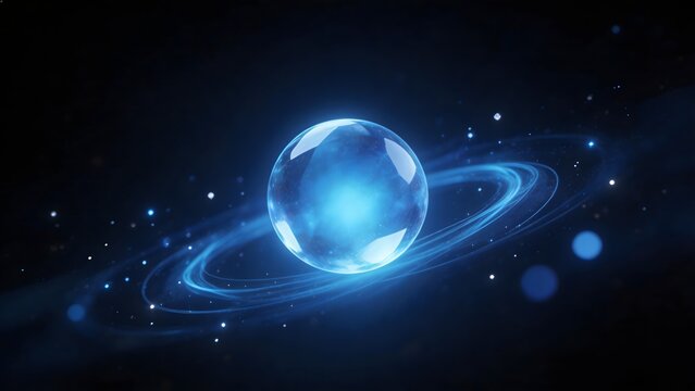 Blue glowing sphere with rings in space