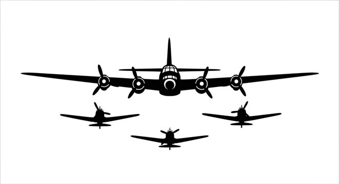 black silhouette of a bomber aircraft with escort fighter planes against a white background silhouette high quality professional detailed modern elegant stylish clean crisp