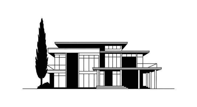 Modern residential house exterior in black and white silhouette against a white background silhouette high quality professional detailed modern elegant stylish clean crisp vibrant