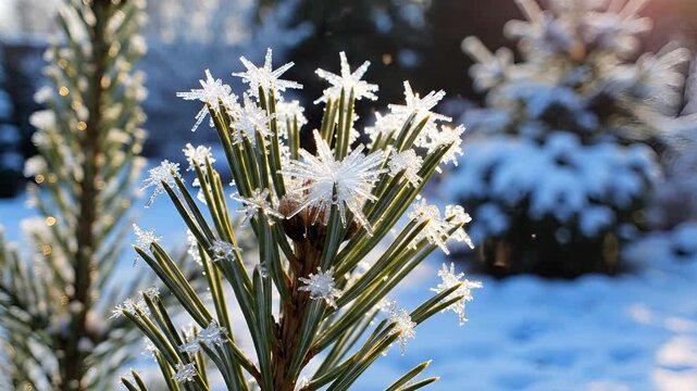 Closeup of Frosty Pine Needles with SnowCovered Branches in Winter Sunlight.